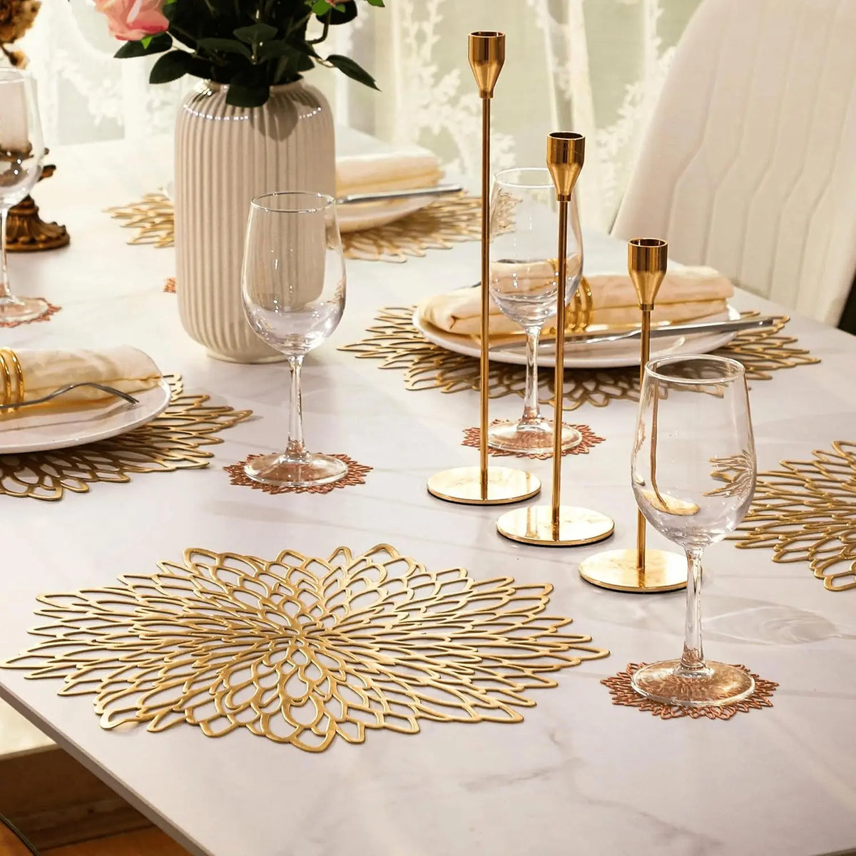 placemats ronds or feuilles élégantes moderne serviettes couverts verres adhésif respectueux environnement vinyle echangement