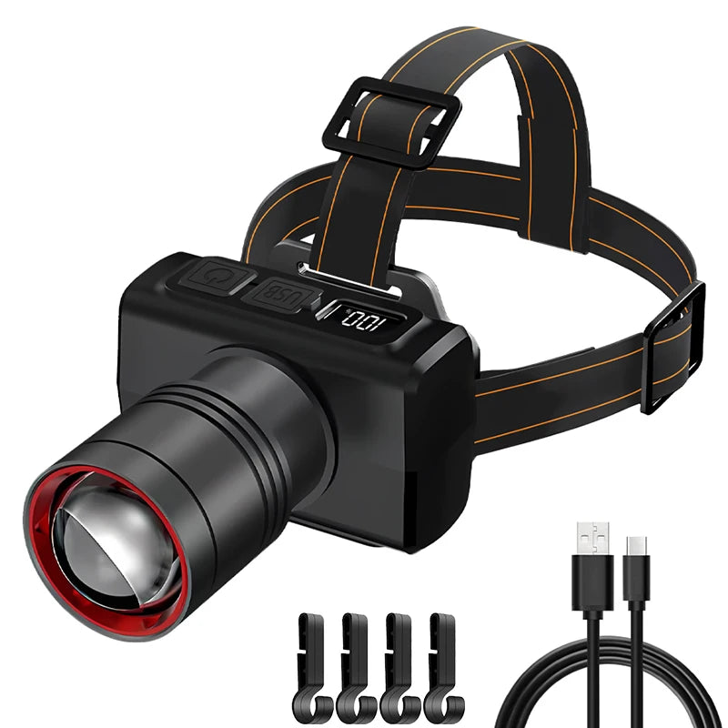 lampe frontale led rechargeable zoomable étanche haute luminosité noir jaune rouge moderne