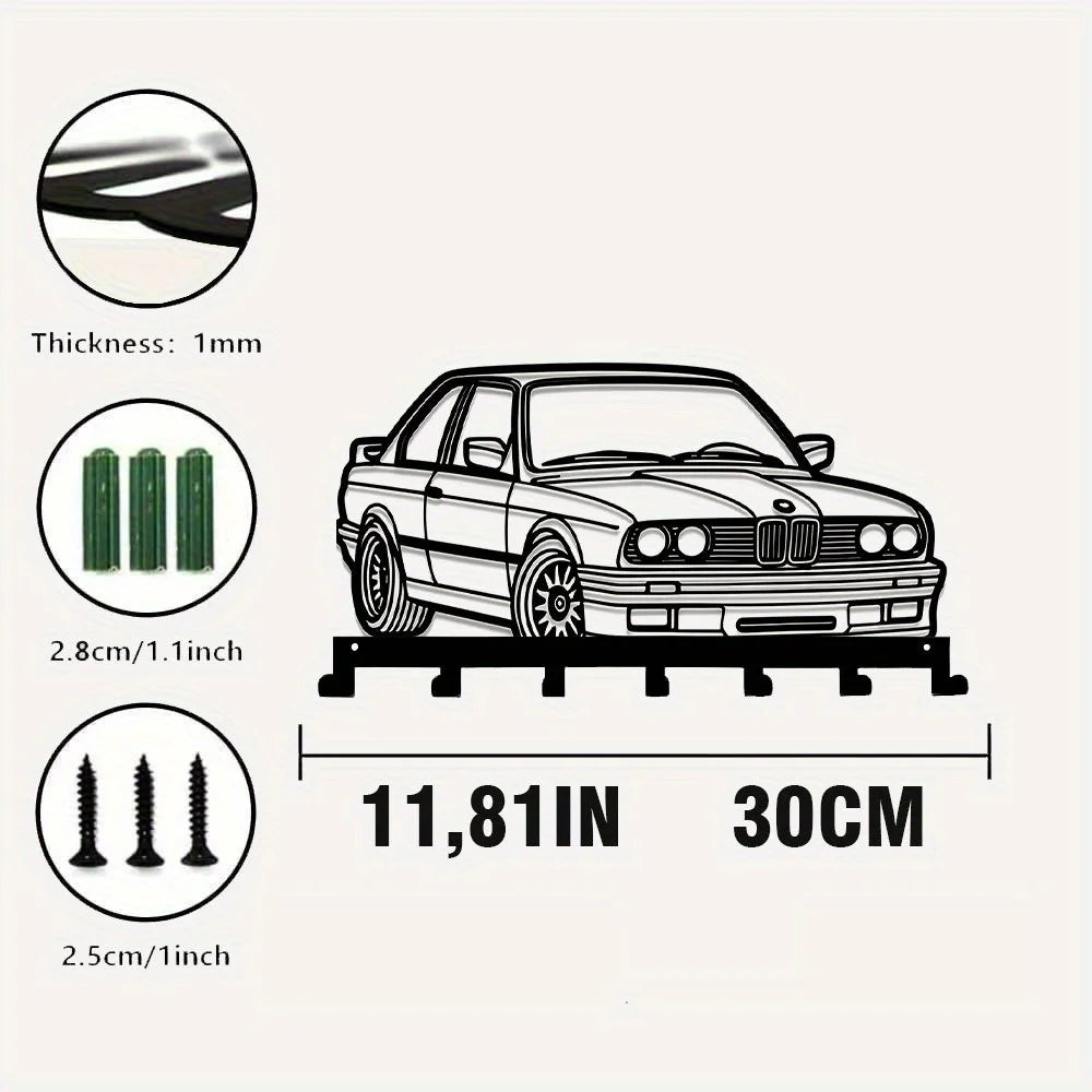 porte clés mural forme voiture dessin bmw e30 noir blanc minimaliste vintage métal apparent