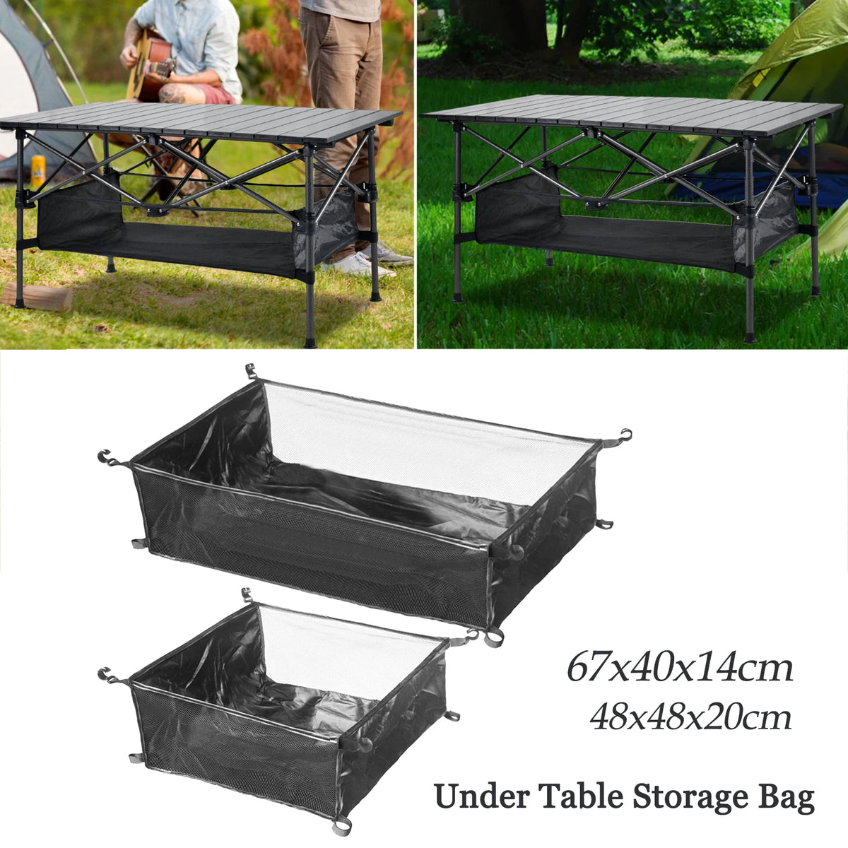 sac rangement tissu mesh gris camping table pliante organisation extérieure nylon pliable vert fixations