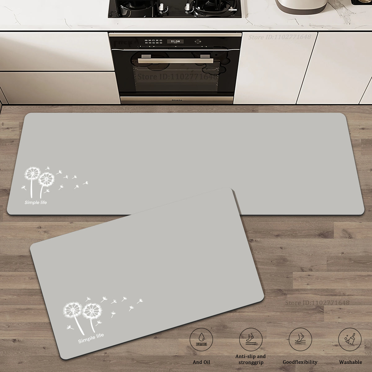 tapis cuisine noir gris motif floral antidérapant moderne minimaliste PVC