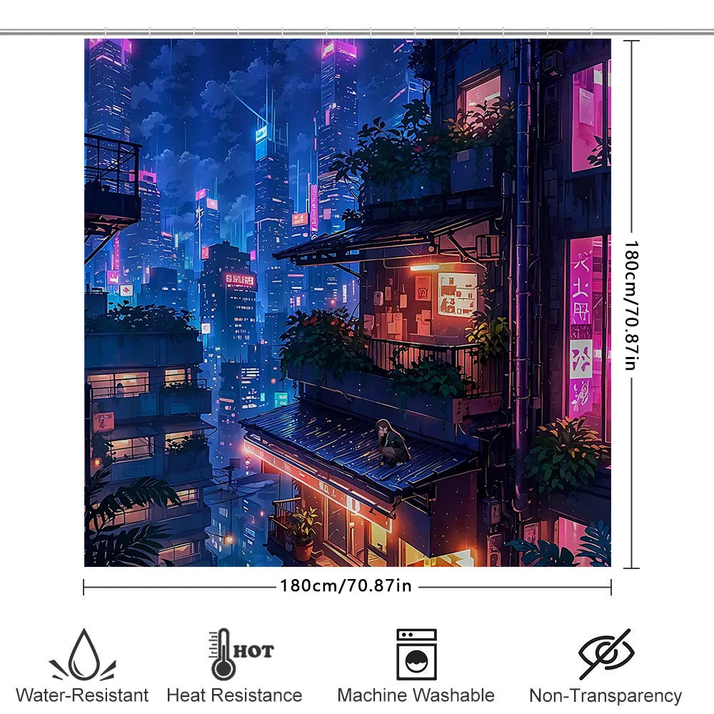 rideau douche cyberpunk illustration urbaine polyester moderne respectueux environnement bleu foncé violet orange rouge