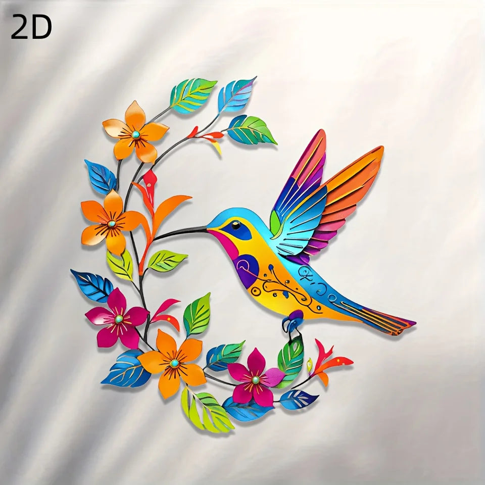 colibri oiseau métal multicolore floral artisanal oiseau fleurs feuilles deco murale patio salon chambre