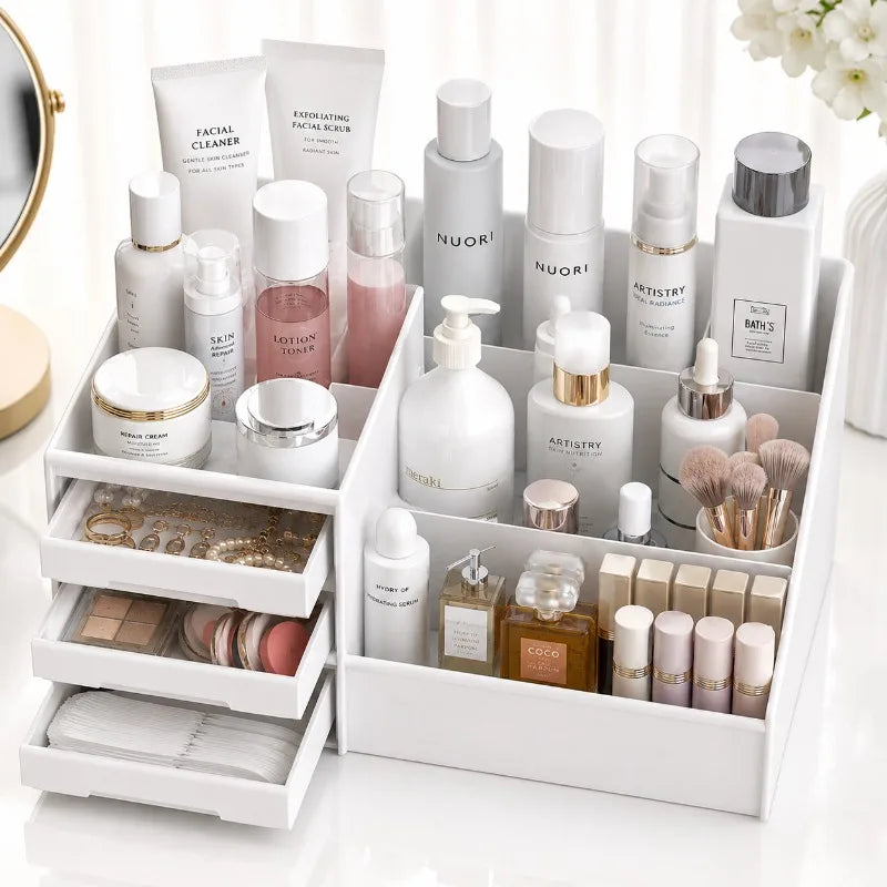 organisateur maquillage blanc tiroirs miroir pinceaux cosmétiques bijoux moderne rangement produits esthétique