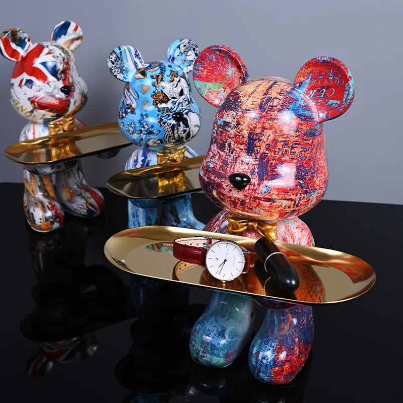 statue ours contemporaine résine bleu rouge or marbré graphique décoration intérieure table unique pop