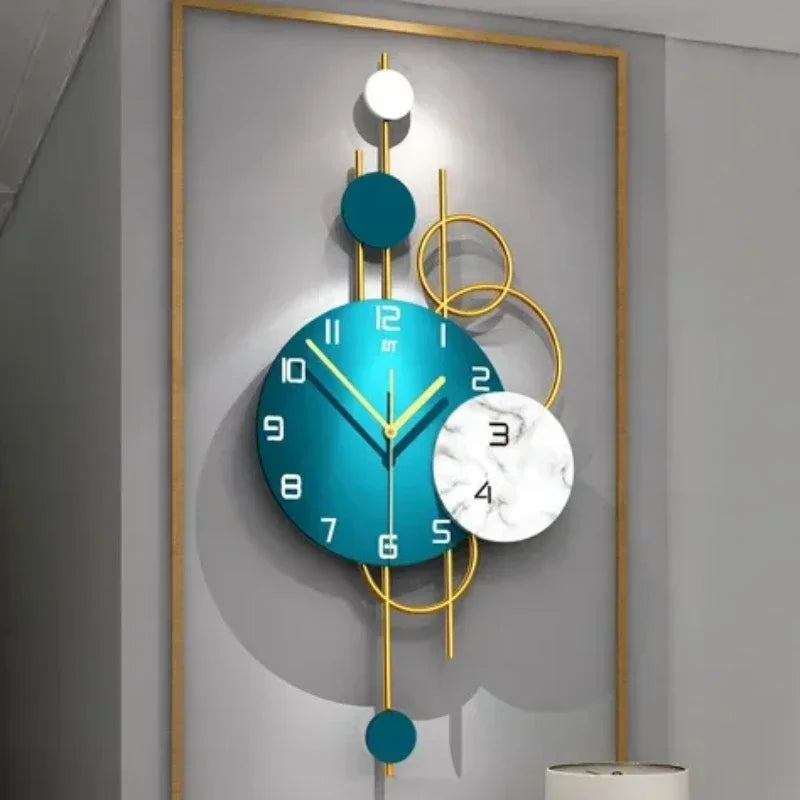 horloge murale moderne minimaliste marbre métal doré aiguilles cadran bleu blanc gris decoration chambre