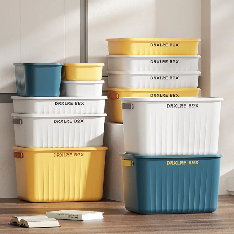 boîtes rangement plastique bleu blanc jaune rayures poignées couvercle moderne respectueux environnement