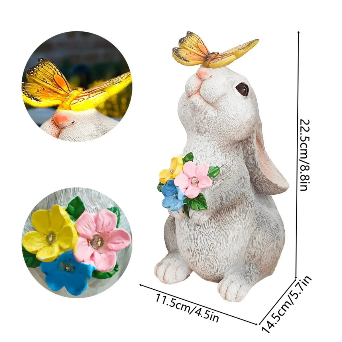 statue lapin bouquet fleurs extérieure éclairage solaire papillon jardin champêtre animal décoration festive
