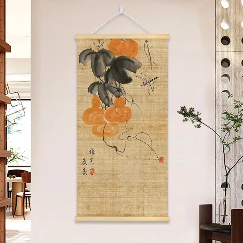 peinture suspendue chinois bambou fleurs insectes textes beige noir rouge vert