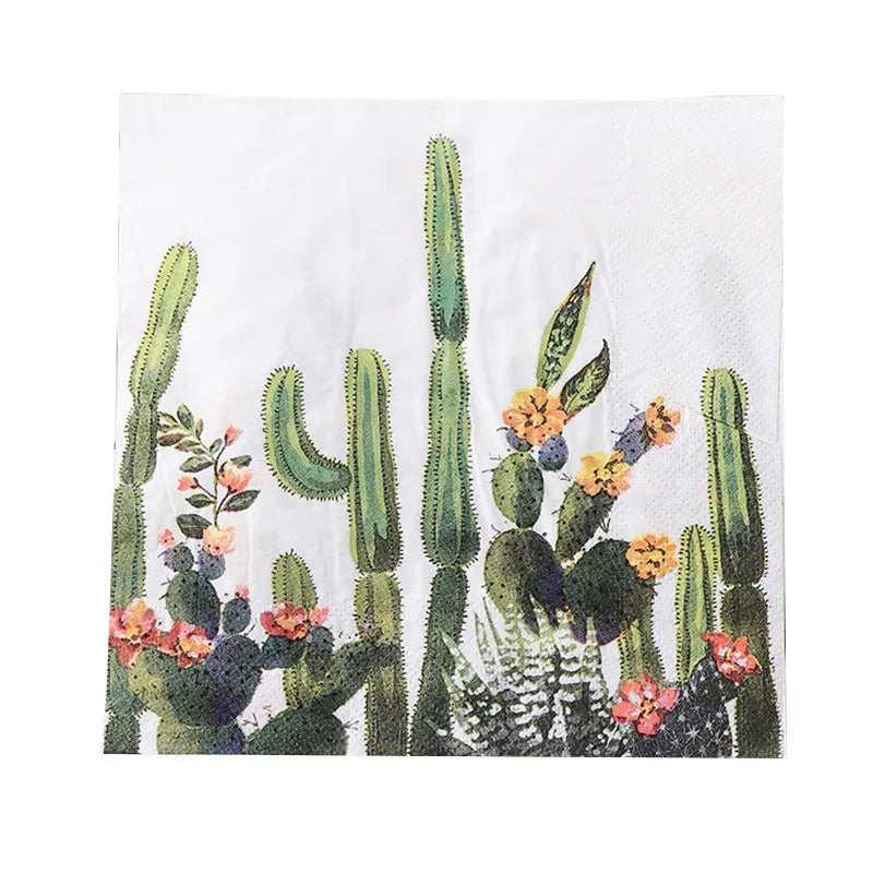 serviettes papier décoratives cactus fleurs vert orange rose violet assiette blanche couverts dorés painDecorationVégétaleardoiseManchesBois