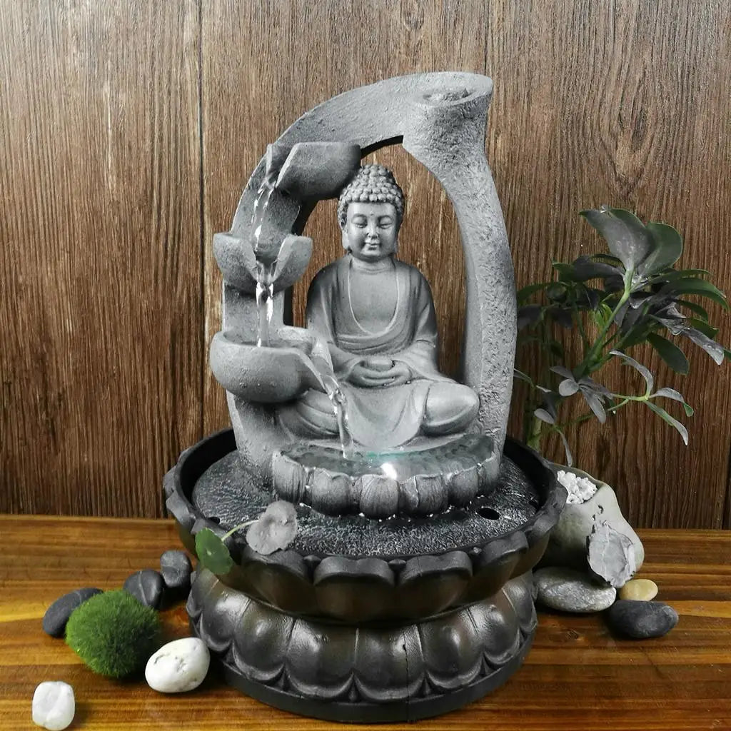 fontaine intérieure résine bouddha gris noir texture granit moderne feng shui pierres décoratives planteCascade