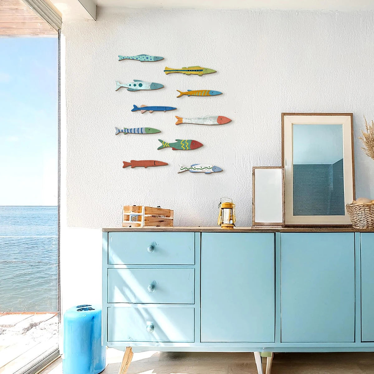 décorations murales poissons bois colorées marin rustique vintage éclaboussures océan charme maison thuyền gỗ