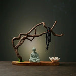 statue bouddha fleur lotus prière support bois artisanal naturel vert noir blanc brun