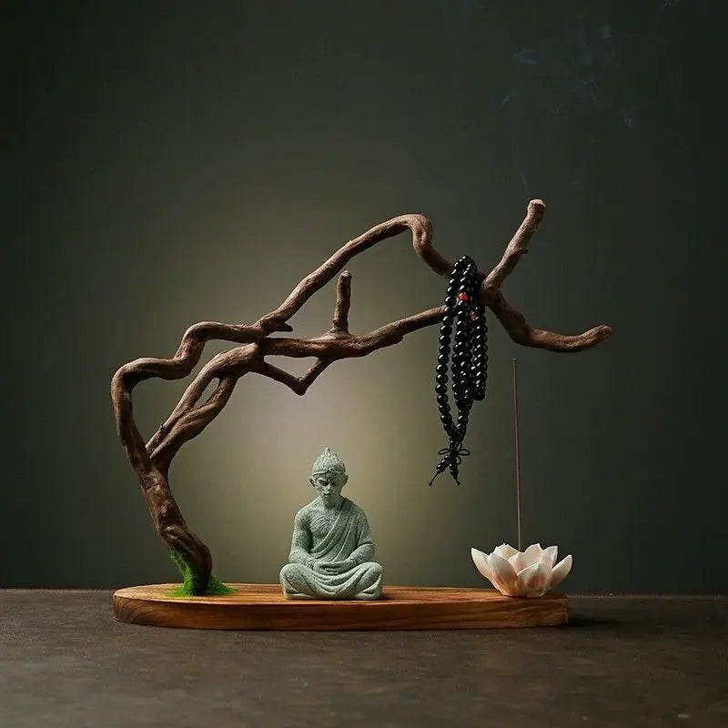 statue bouddha fleur lotus prière support bois artisanal naturel vert noir blanc brun