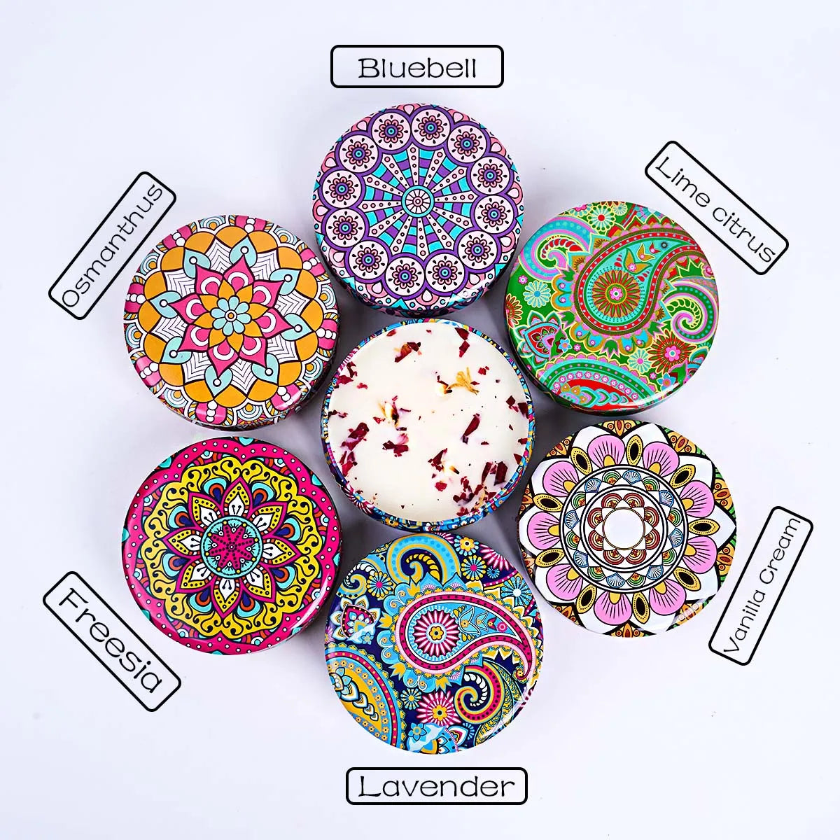 bougies parfumées boîte florale artistique motifs colorés cadeaux anniversaire mariage