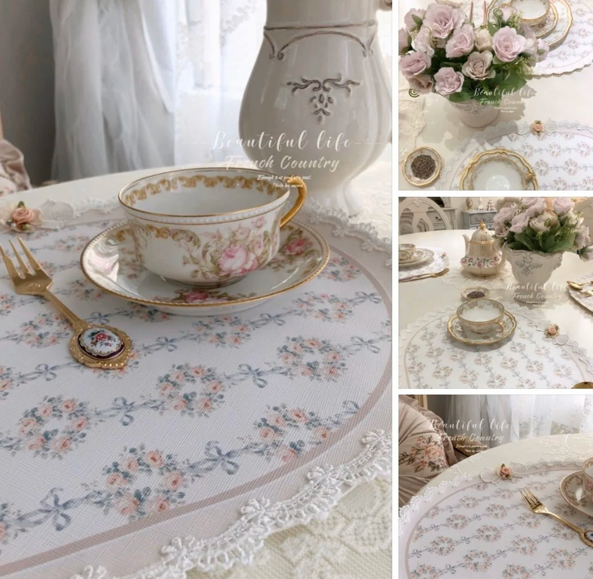 serviettes table rectangulaires fleurs roses classiques blanc rose pâle beige bleu clair bordure dentelée