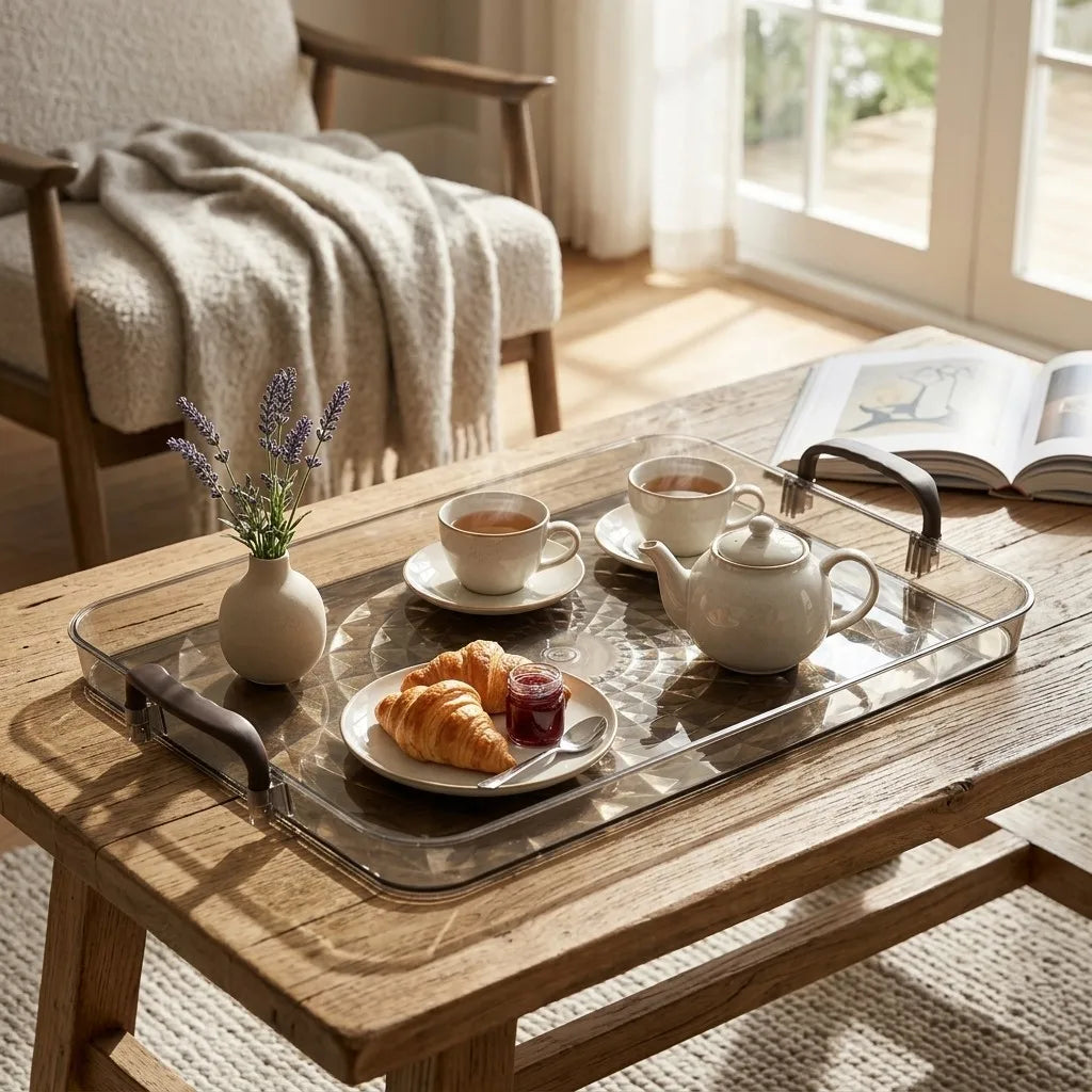 plateau service transparent diamant 3D élégant poignées tasse thé théière bol fruits serviette livre