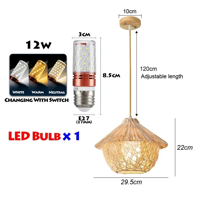 suspension lumineuse bois tressée moderne ampoule led câble électrique chambre salon