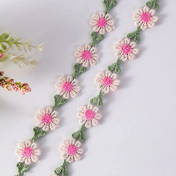 ruban decoratif brode fleurs blancs roses feuilles vertes party floral 2cm large polyester echangable