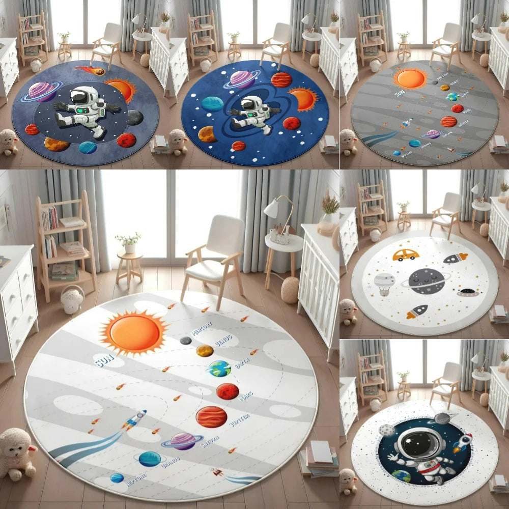 tapis rond enfant chambre astronaute planètes fusée espace décoration sol chambre bébé moderne bleu
