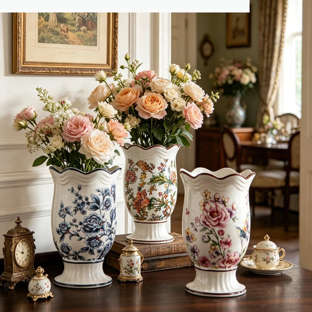 vase table couleur bleu blanc floral classique diamètre 12cm hauteur 185cm base 95cm decoration