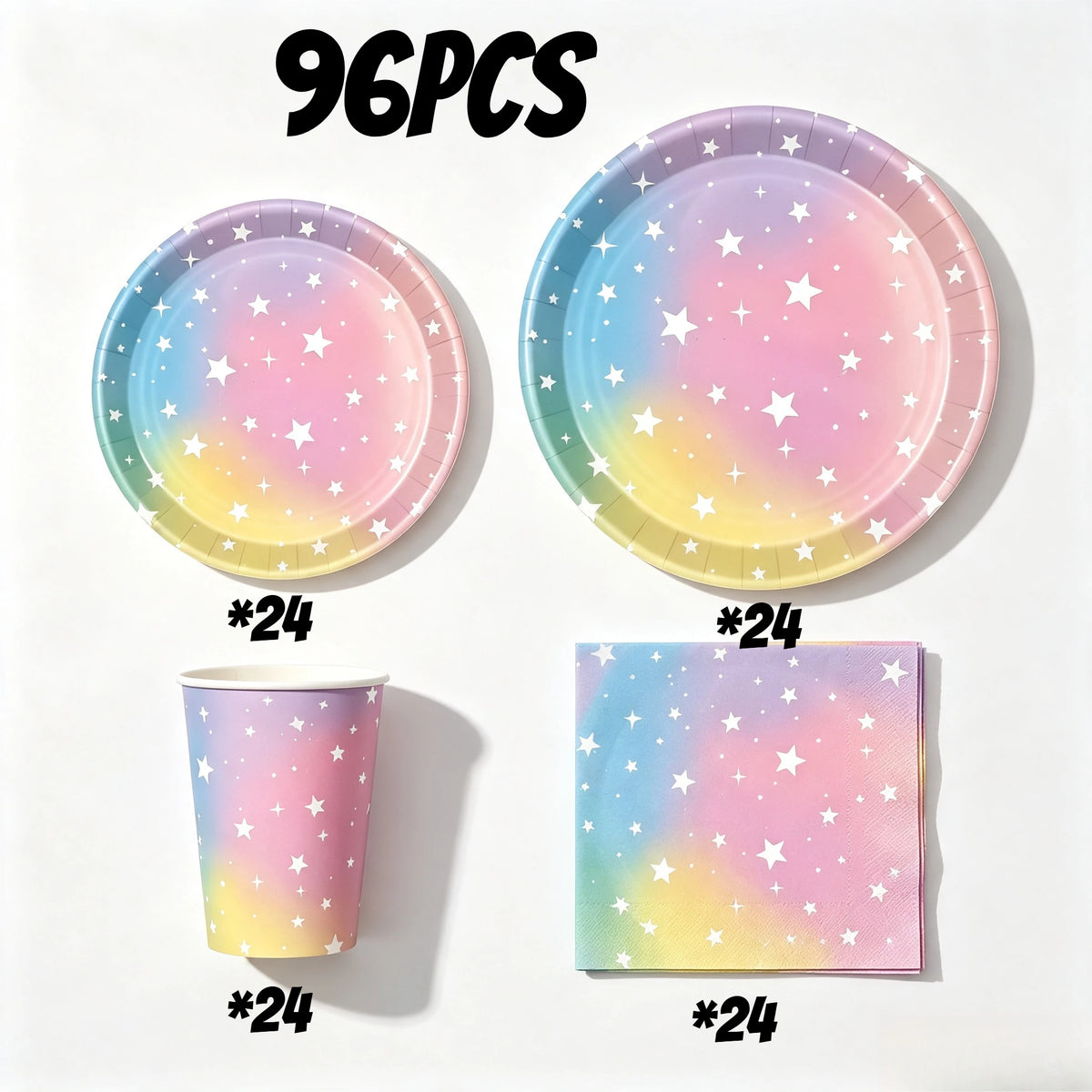 assiettes papier multicolore gobelets serviettes guirlande étoiles blanches fond irisé festif 9inch plates paper