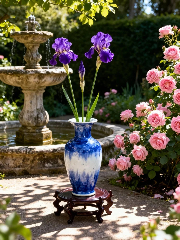 support plante bois traditionnel vase bleu blanc ombre chinoise classiqueDecorationJardinFleursPotSorți seulement titre selon votre