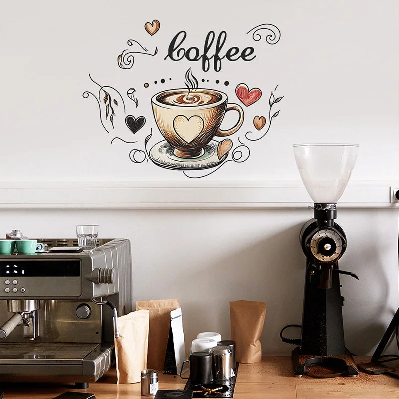 autocollants muraux tasse cœur coffee floral dessin animé vintage salle cuisine bureauDecoration DIY stickers