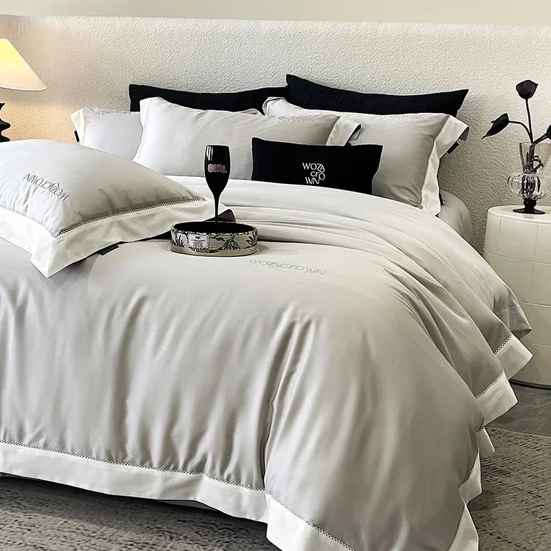 parure lit luxe coton lyocell satiné housse couette drap plat taies oreillers blanc