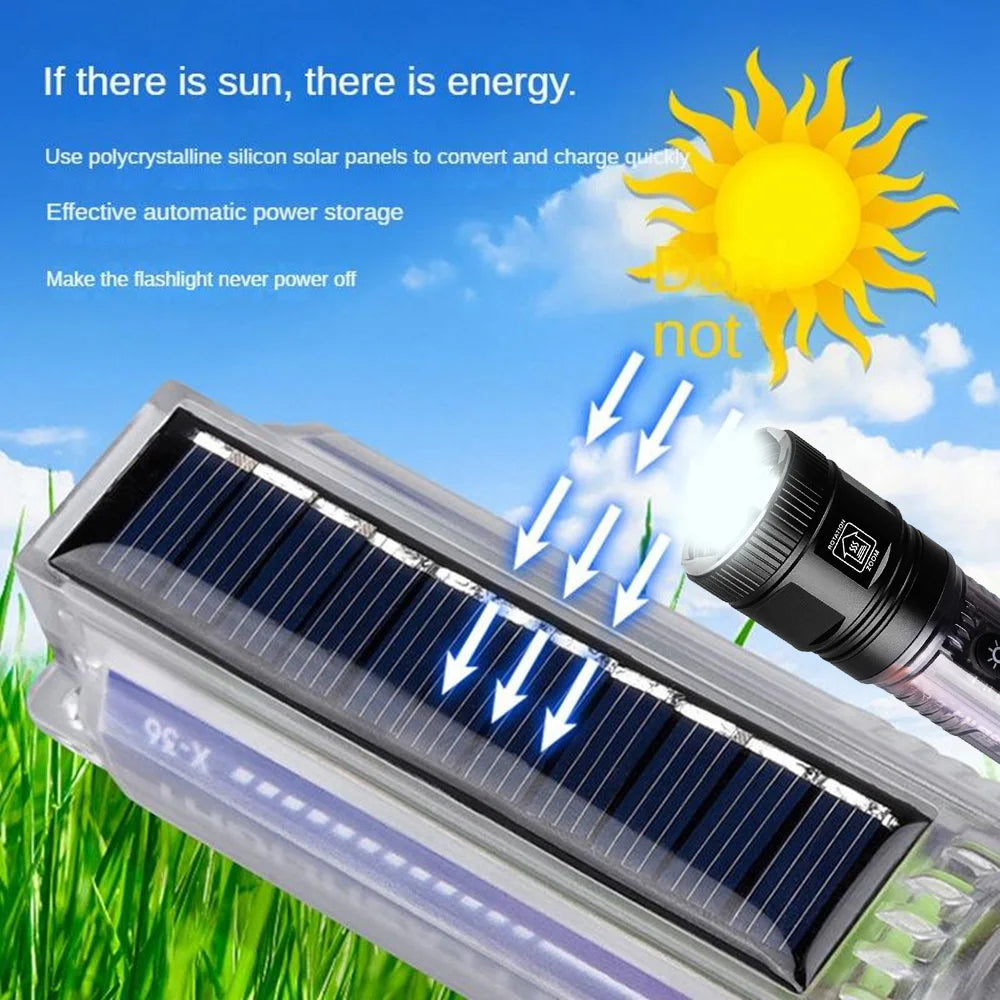 lampe torche led puissante rechargeable panneau solaire intégré lumière intense résistante chocs auto défense