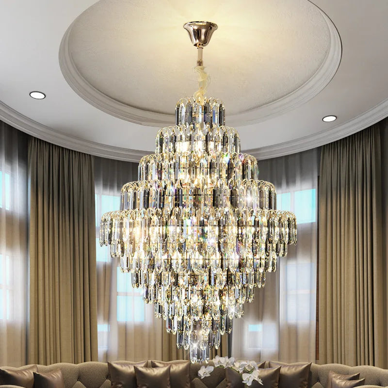 lampe suspendue cristal transparent dorée classique salon chambre decoration lumière led
