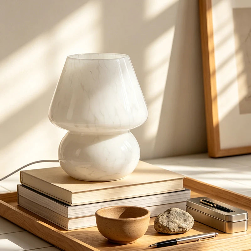 lampe poser contemporaine marron blanc jaune texture marbrée motifs géométriques opacité minimaliste