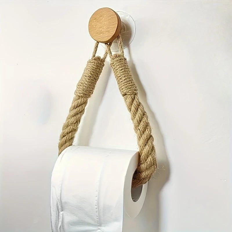 porte rouleau papier toilette rustique corde tressée bois clair support mural rangement salle bains