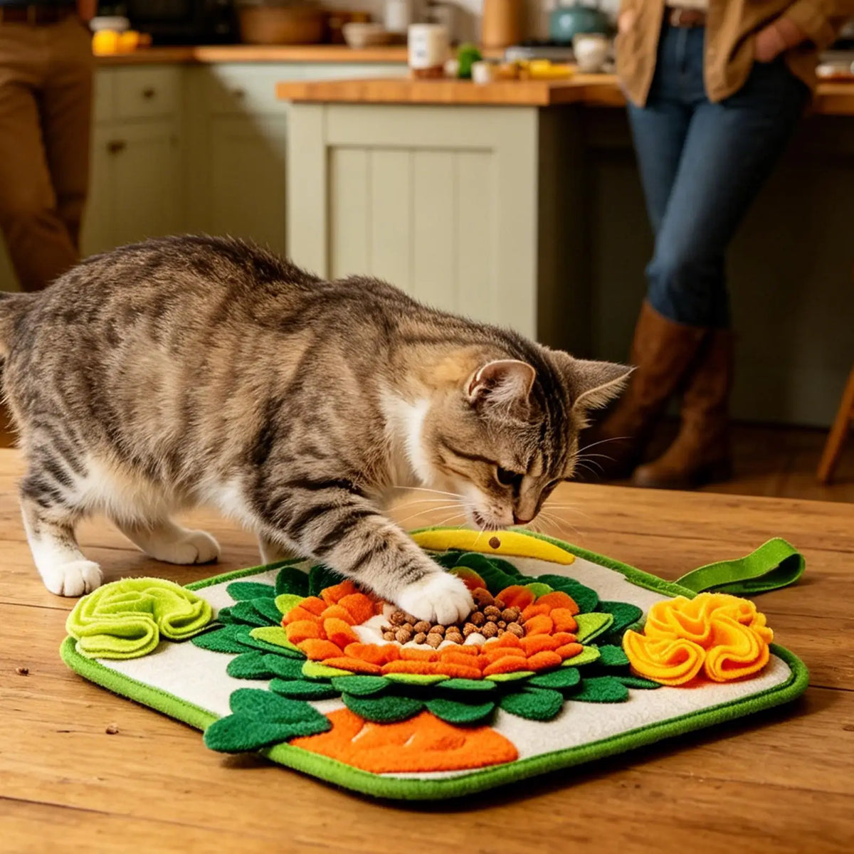 tapis jeu animal compagnie vert orange blanc fleurs carottes texturé poignée amovible 30cmx30cm