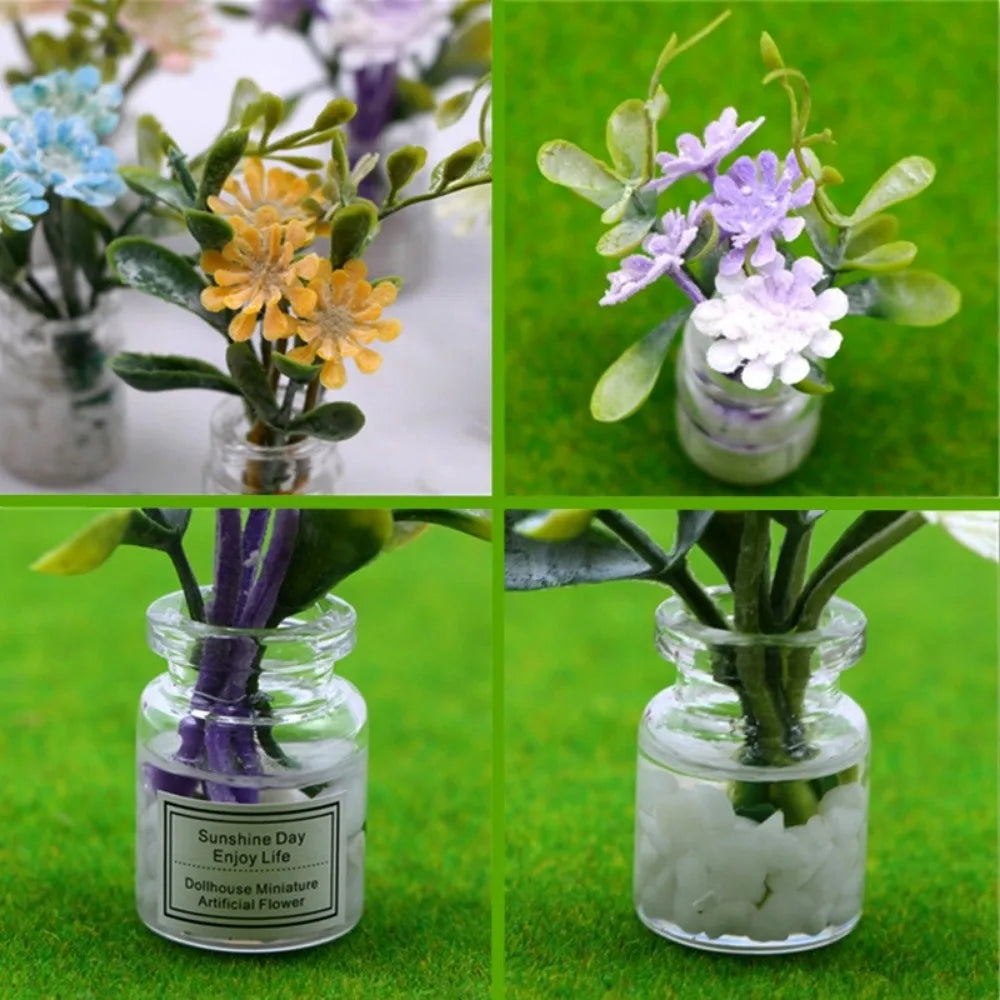 fleurs artificielles miniature verre transparent divers motifs floraux pot petite pierre étiquetteextérieur nature