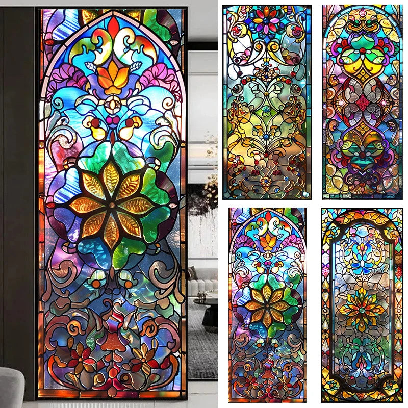 vitrail floral multicolore opaque adhésif art nouveau décoration maison balcon erotique geometrique