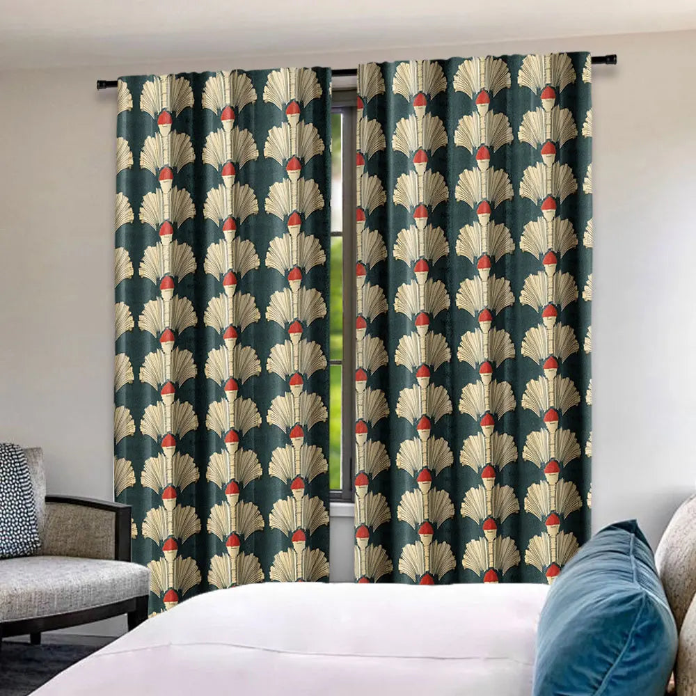 rideaux art deco motifs plumes vert foncé beige rouge opaques 100 polyester pièces
