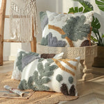 housse coussin décoratif feuilles brodées polyester coton blanc vert marron gris 30x50cm 45x45cm salon