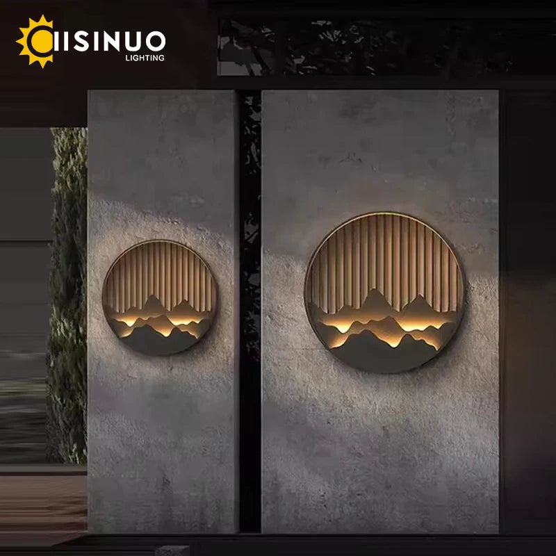applique murale led noir doré contemporaine ip65 acier inoxydable minimaliste montagnes stylisees