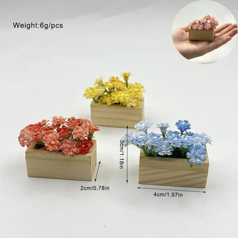 miniature plante artificielle pot bois fleur violet rose jaune bleu