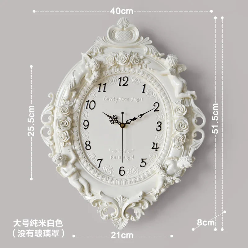 horloge murale baroque motif floral angelique blanc salon decoration aiguille quartz résine unique