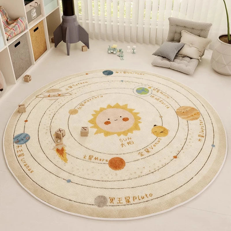 tapis rond polyester dessin animé cirque chevaux système solaire moderne enfant couleur beige rouge