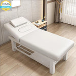table massage professionnelle simili cuir structure bois moderne marron gris beige étagères rangement tiroirs