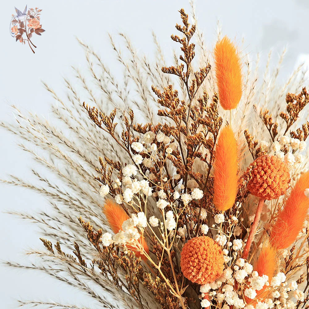 bouquet fleurs séchées boho orange beige fluffy décoration maison anniversaire baby shower événement