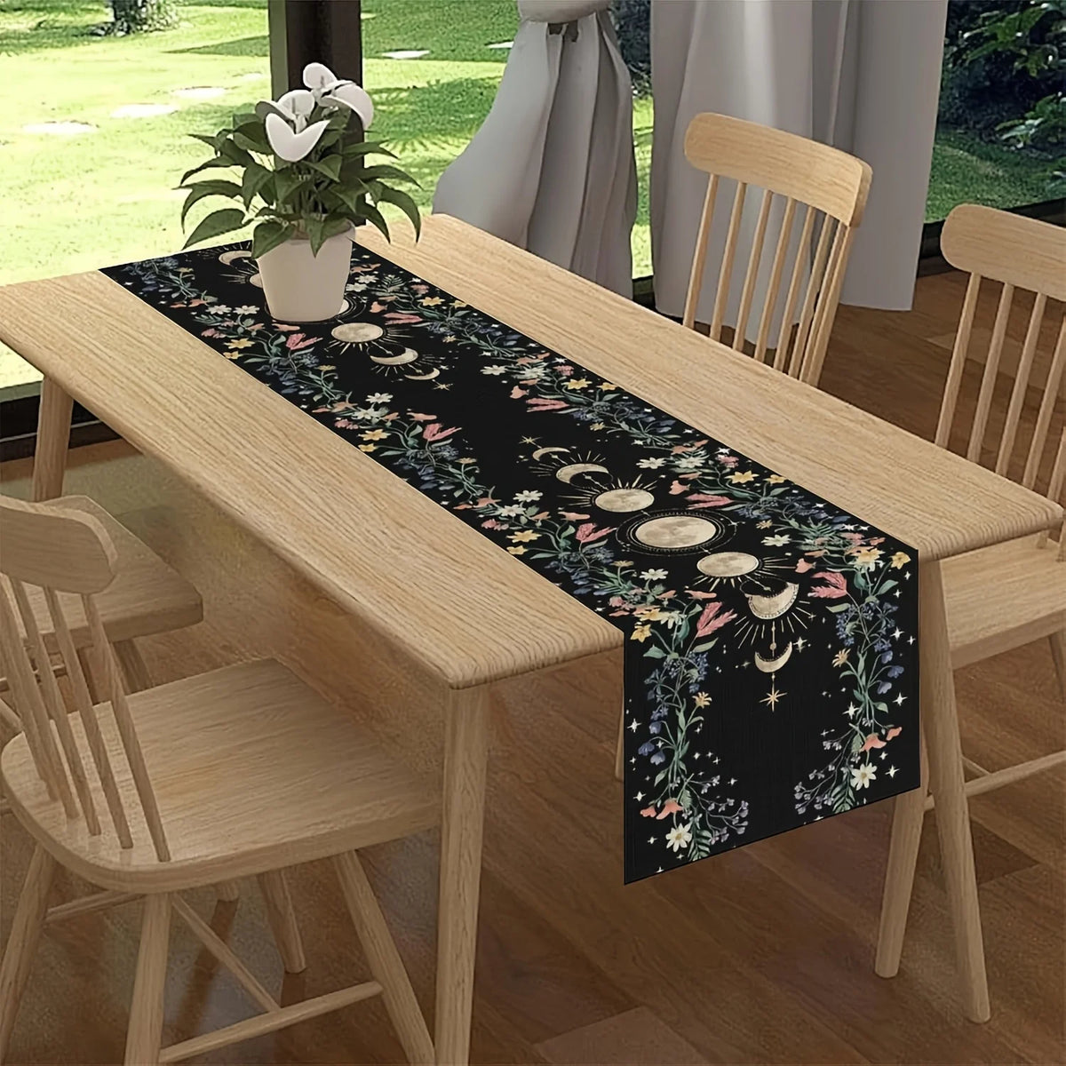 table table lin noir motif floral lunaire bohème mystique étoiles phases lune