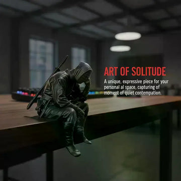 statue ninja assis gris noir texture tissu cuir arme longue esthétique japonaise art contemplatifintérieur