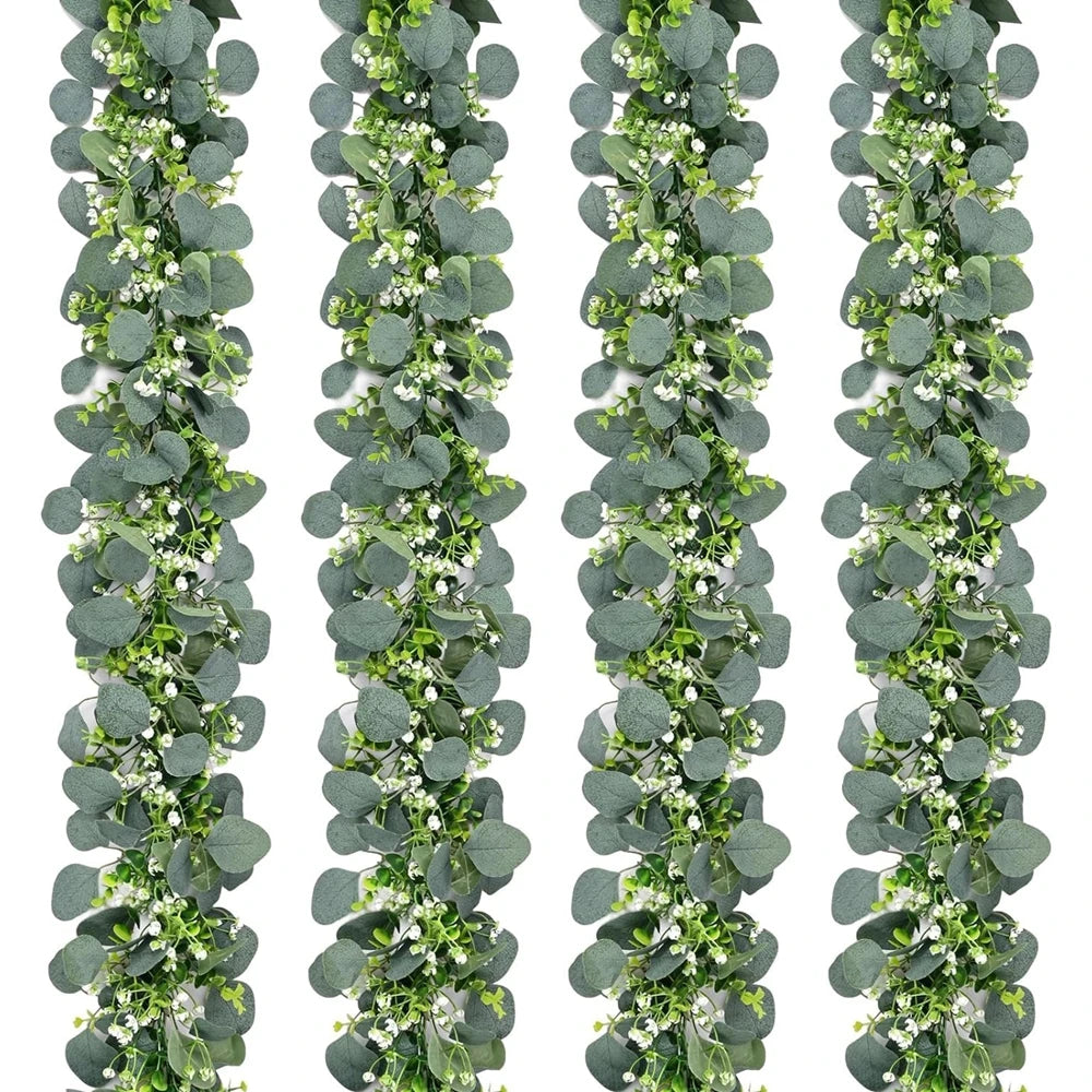 guirlande eucalyptus feuilles fleurs blanches vert marron decor boheme exterieur fixee structure métallique
