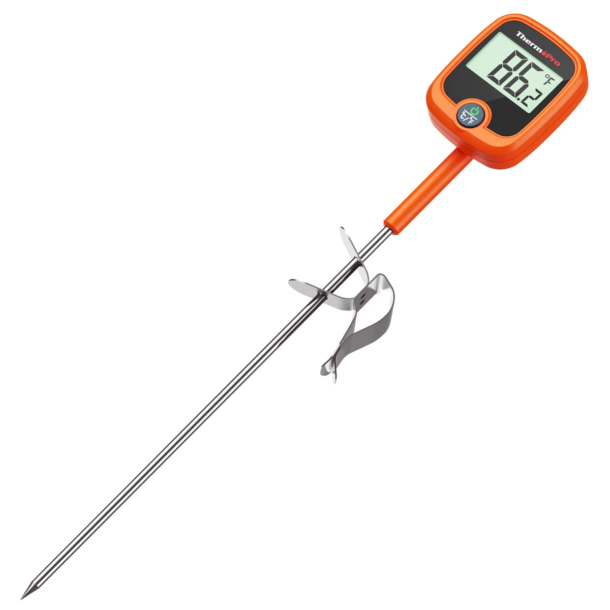 thermomètre numérique cuisine sonde métallique écran lcd clip casserole poulet frit orange gris inox