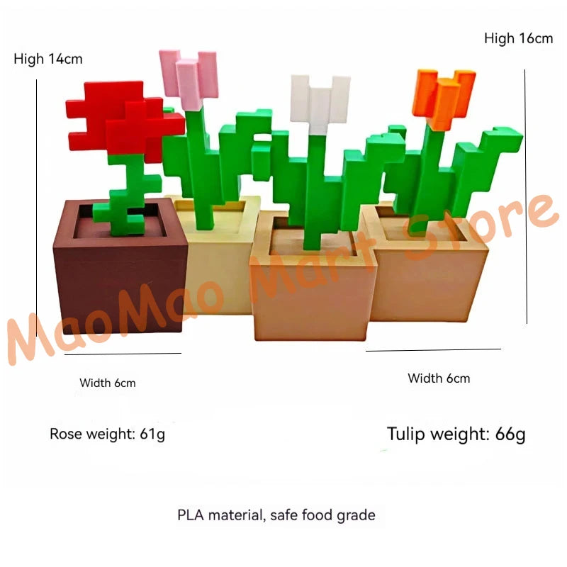 décoration murale pixel art pot fleur vert rouge rose beige
