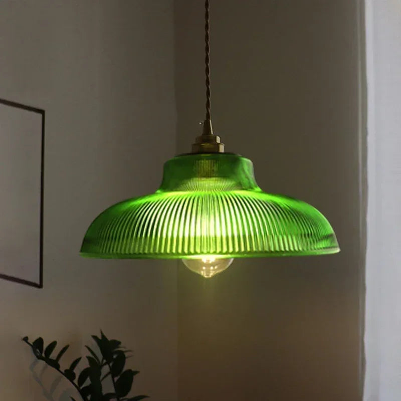 lampe suspendue vintage vert marron transparente rayures cordon salon chambre